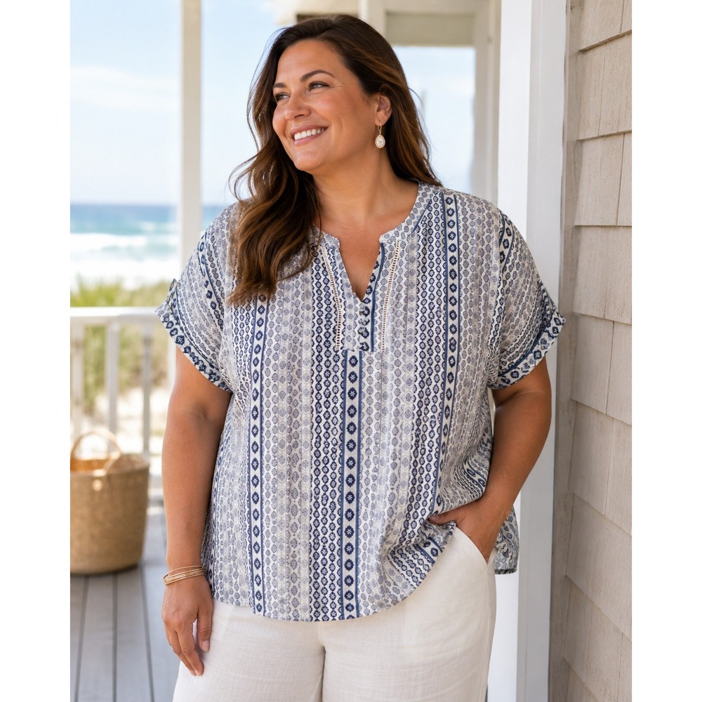 Blouse Blue White Geometric Women's 2XL Plus Size Boho‎ Peasant Crochet Trim